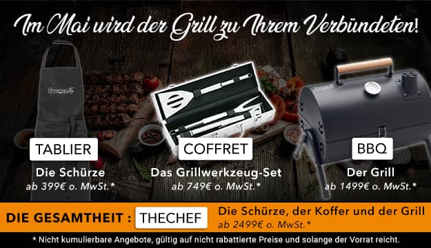 Code : TABLIER dès 399€ HT, Code : COFFRET dès 749€ HT, code : BBQ dès 1499€ HT, code : THECHEF dès 2499 € HT