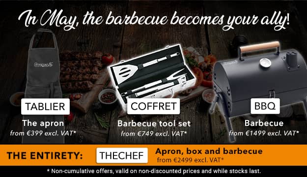 Code : TABLIER dès 399€ HT, Code : COFFRET dès 749€ HT, code : BBQ dès 1499€ HT, code : THECHEF dès 2499 € HT