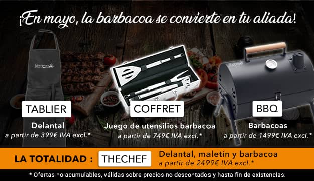 Code : TABLIER dès 399€ HT, Code : COFFRET dès 749€ HT, code : BBQ dès 1499€ HT, code : THECHEF dès 2499 € HT