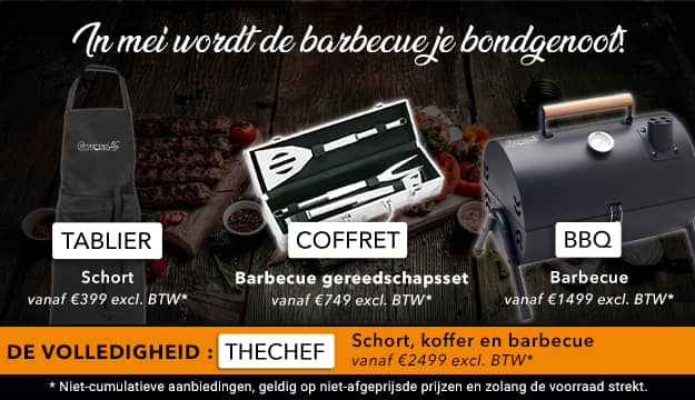 Code : TABLIER dès 399€ HT, Code : COFFRET dès 749€ HT, code : BBQ dès 1499€ HT, code : THECHEF dès 2499 € HT