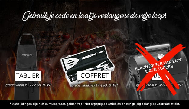 Code: TABLIER vanaf 399€ excl. BTW, Code: COFFRET vanaf 749€ excl. BTW