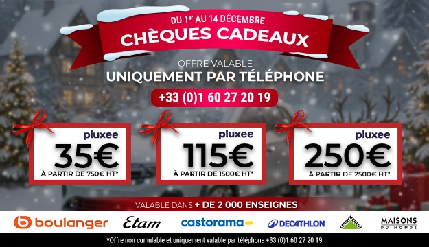 Chèques cadeaux valable uniquement par téléphone : +33 (0)1 60 27 20 19