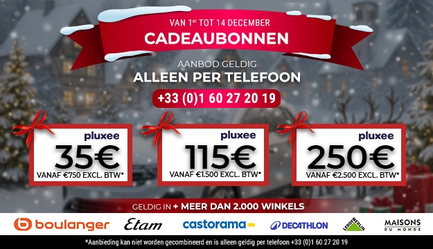 Cadeaubonnen zijn alleen geldig via de telefoon: +33 01 60 27 20 19