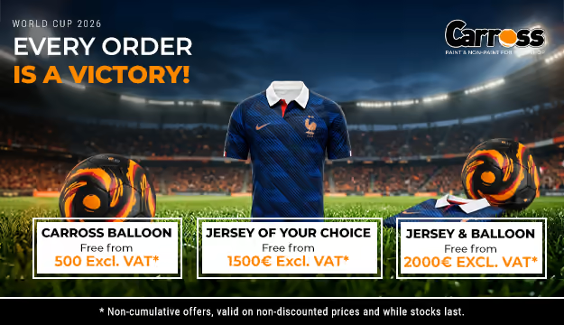 A soccer ball (€500 excl. tax), a jersey (€1,500 excl. tax), or both (€2,000 excl. tax) are included free of charge depending on the total amount of your order (excl. tax)