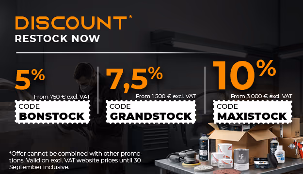 5% discount with the code BONSTOCK on orders of 750 € or more, 7.5% discount with the code GRANDSTOCK on orders of 1,500 € or more, 10% discount with the code MAXISTOCK on orders of 3,000 € or more
