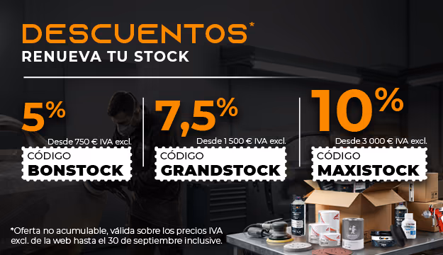 Descuento del 5% con el código BONSTOCK a partir de 750 €, del 7,5% con el código GRANDSTOCK a partir de 1500 €, y del 10% con el código MAXISTOCK a partir de 3000 €