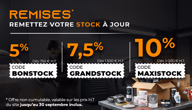 Remise de 5% avec le code BONSTOCK dès 750 €, 7,5% avec le code GRANDSTOCK dès 1500 €, 10% avec le code MAXISTOCK dès 3000 €