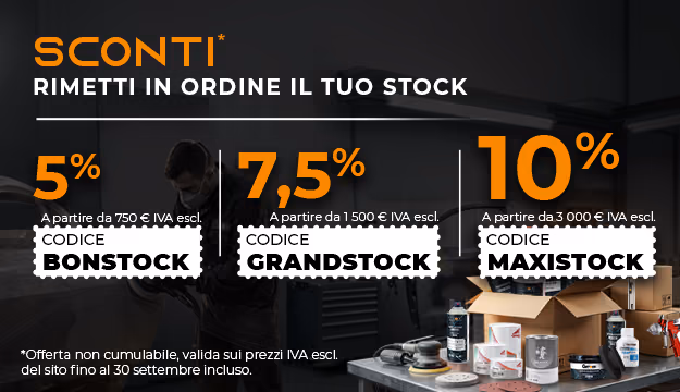 Sconto del 5% con il codice BONSTOCK a partire da 750 €, del 7,5% con il codice GRANDSTOCK a partire da 1500 €, del 10% con il codice MAXISTOCK a partire da 3000 €