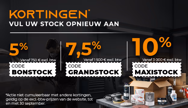 5% korting met de code BONSTOCK vanaf 750 €, 7,5% met de code GRANDSTOCK vanaf 1500 €, 10% met de code MAXISTOCK vanaf 3000 €